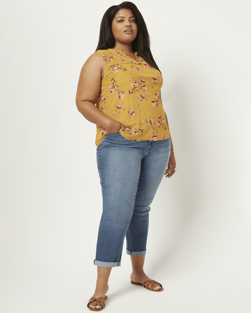 Front of a model wearing a size 16 Kristen Rolled Skinny Jean in Medium Wash by Meri Skye. | dia_product_style_image_id:210686